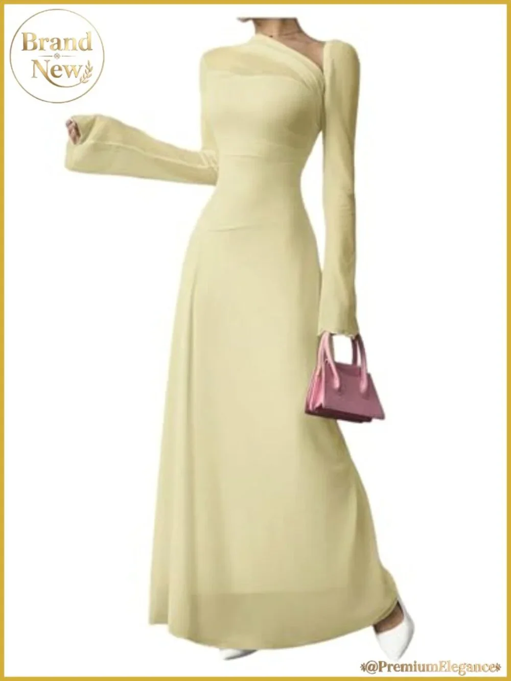 Women's Mesh Sheer Maxi Dress Bell Sleeve Asymmetrical Neck Formal Wedding Guest